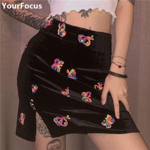 Retro punk gothic kawaii harajuku black skirt multicolored butterfly velvet mini skirt streetwear