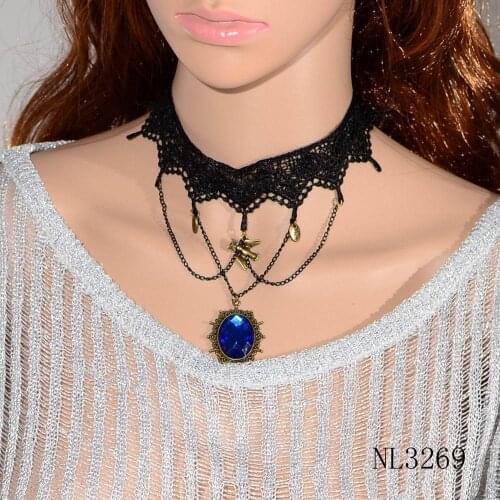 Fashion Vintage Metal Alloy Gothic Royal Blue Acrylic Pendant Collar Choker Lace Necklace for Women Jewelry Accessories NL3269