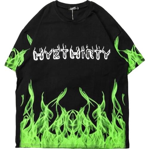 Harajuku Flame Pattern Men T Shirt Hip Hop Streetwear 100% Cotton O-neck Tshirt Top Tee Oversize Sweatshirt T-shir for Man