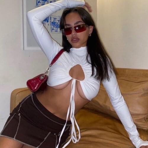 2021 New Women’s Streetwear Long Sleeve Slim T-shirt Fashion Solid Color High Neck Hollow Tie-up Exposed Navel Tops