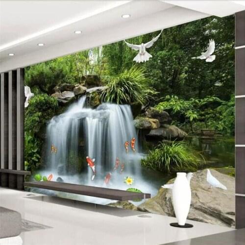 Beibehang Wallpaper custom living room murals flowing water wealth waterfall squid lotus pigeon background decorative painting