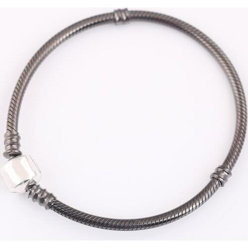S925 Oxidised Snake Chain Lobster Barrel Clasp Bracelet fit Lady Bead Charm DIY Jewelry