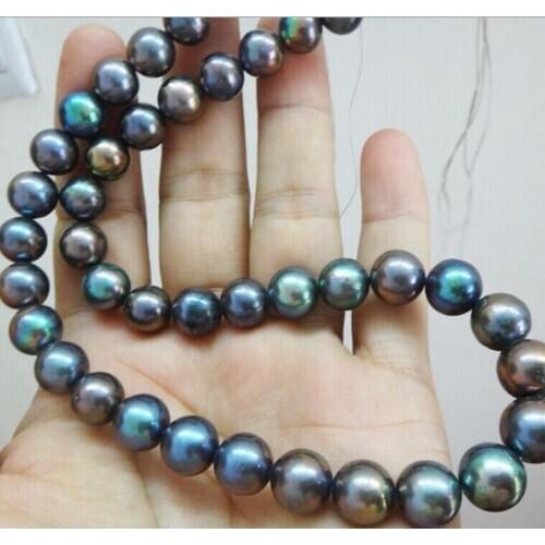 Free Shipping Superb 18"10-11mm Natural Tahitian genuine black peacock round pearl necklace