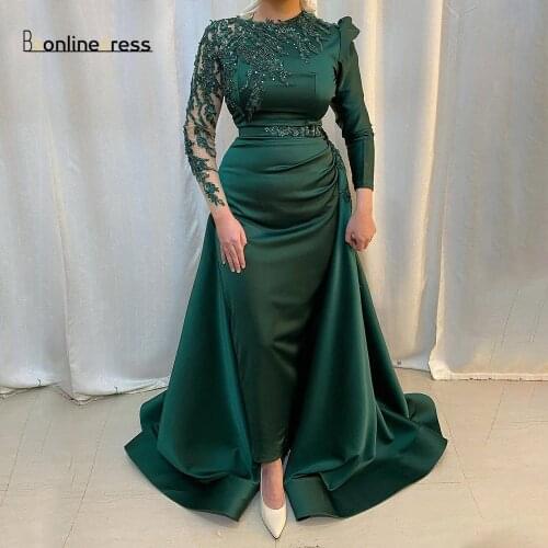 Long Sleeves Evening Dress Appliques Beading Court Train Formal Kaftan Elegant Party Dress Vestidos de festa Muslim Woman Dress