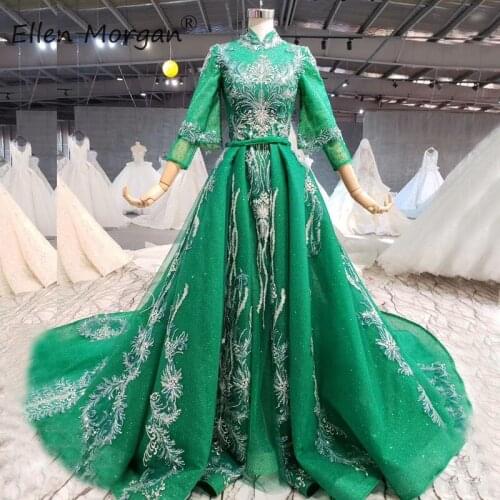Green High Neck Ball Gowns Evening Dresses 2020 for Women Wear Colorful Muslim Saudi Arabia Arabic Event Formal Prom Party
