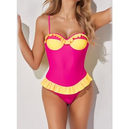 2021 Red Yellow Patchwork Swimwear One Piece Swimsuit Women Backless Sport Bodysuit Beach Bathing Suit Swim SW438