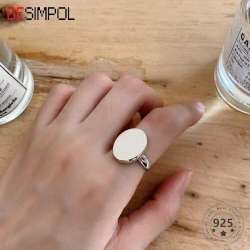 Besimpol Real 925 Sterling Silver Ring French Style Glossy Ellipse Adjustable Ring for Women Fashion Trendy Fine Jewelry Gifts