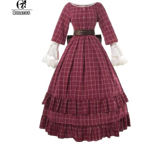 ROLECOS Red Womens Halloween Polyester Cotton Long Dress Puff Sleeve Long Vintage Medieval Dresses With Belt New Arrival
