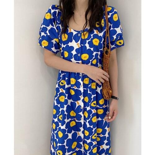 Women Summer Blue Long Floral Shirt Dress 2021 New Puff Sleeve High Waist Single Breasted Folds A-line Midi Sundress