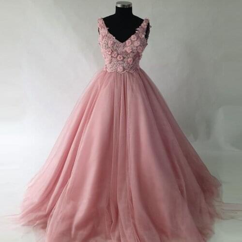 Pink Elegant Exquisite Women Dress Tulle A-Line Floor Length With Train V-Neck Flower Princess Dress Plus Size Evening Dress