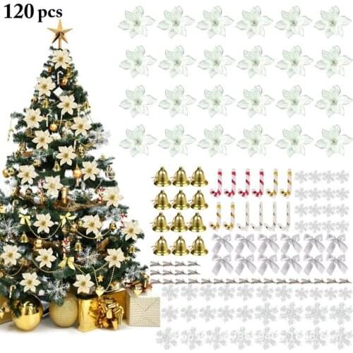 120pcs/set Glitter Artificial Flowers Snowflake Bell for Christmas Tree Decoration DIY Xmas Party Ornament