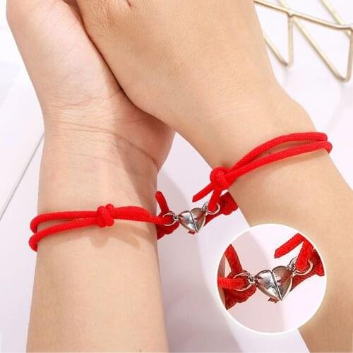 2Pcs/Set Minimalist Lovers Heart Matching Friendship Bracelet Rope Braided Couple Magnetic Distance Bracelet Kit Lover Jewelry
