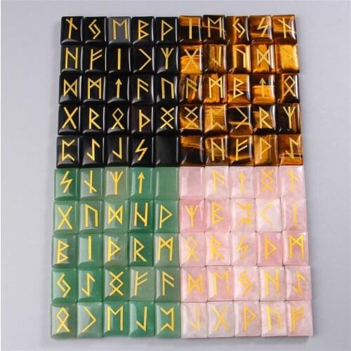 25Pcs/Set Healing Reiki Cube Square Natural Stone Divination Quartzs Crystal Tiger Eye Agates Rune Symbol Fortune-telling Decor