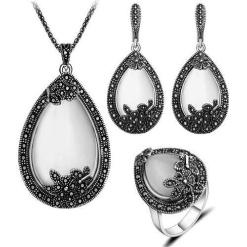 3pcs Vintage Water Drop Pendant Necklaces Earrings Ring Set Silver Wedding Engagement Bridal Jewelry Sets for Women