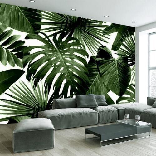 3D Self-Adhesive Waterproof Canvas Mural Wallpaper Modern Green Leaf Tropical Rain Forest Plant Murals Bedroom 3D Wall Stickers