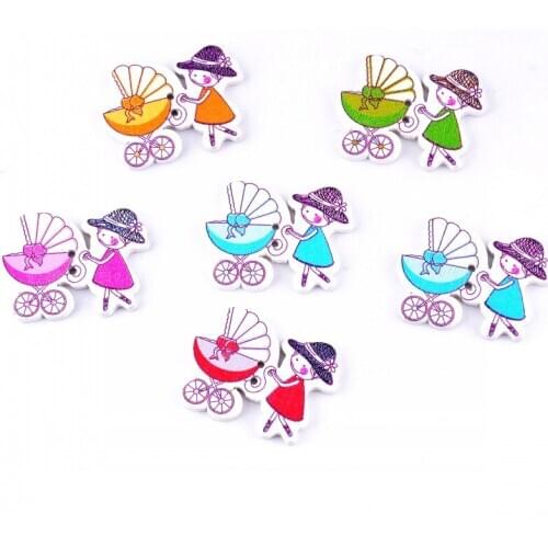 Free shipping -Random New 50pcs Random Mixed Color 2 Holes Mom Stroller 25x32mm Buttons Wood Sewing Buttons Scrapbooking J2310