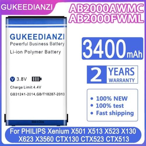 GUKEEDIANZI Battery AB2000AWMC AB2000FWML 3400mAh For PHILIPS Xenium X501 X513 X523 X130 X623 X3560 CTX130 CTX523 CTX513