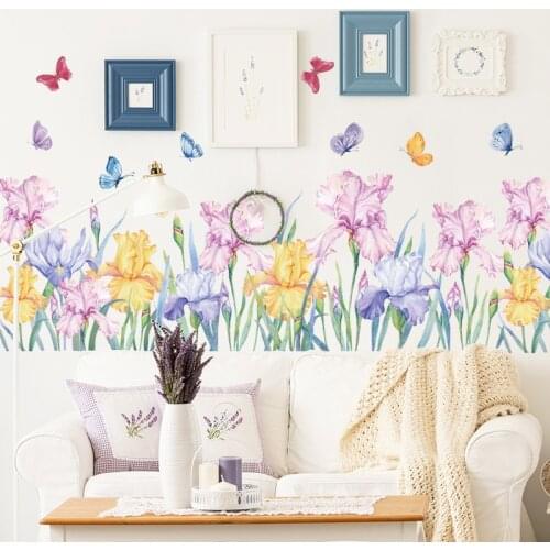 BRUP Colorful Flowers Butterfly Wall Stickers Watercolor Baseboard Wall decals for Living Room Decorative PVC ECO Sticker Decor