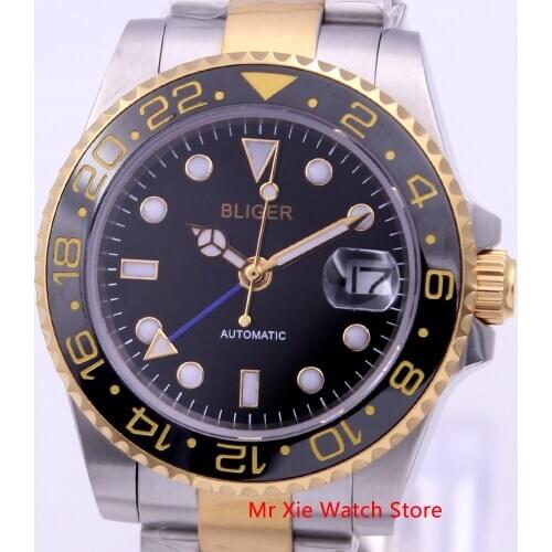 Bliger 40mm Automatic Mechanical Men Watch Luxury Brand Sapphire Crystal GMT Watch Luminous Waterproof Calendar Wristwatch Men