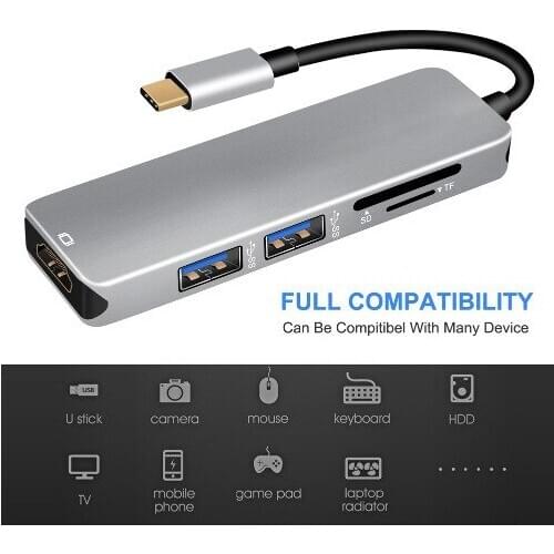 Five-in-one type-c docking station aluminum alloy 4K HD HDMI adapter USB3.0 hub card reader
