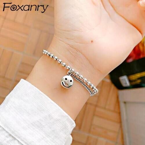Foxanry Creative Trendy Thai Silver Bead Chain Bracelet Vintage Handmade Smiley Face 925 Sterling Silver Party Jewelry for Women