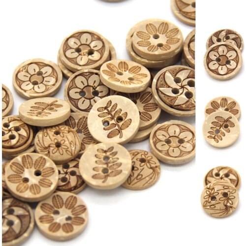 HENGC 30pcs Mixed Flower Carved Wooden Buttons For Clothing Children Scrapbooking Shirt Handmade DIY Sewing Accesories Wholesale