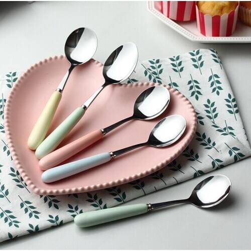 Candy color ceramic stainless steel spoon creative simple stainless steel spoon solid color household environmental protection