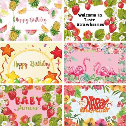 Laeacco Pink White Stripes Backdrop Happy Birthday Party Decor Customized Poster Strawberry Pattern Photo Background Photostudio