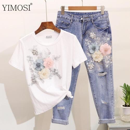 Summer Fashion Women Embroidery 3D Flower T-shirts Jeans Two Piece Sets 2021 Casual Hole Denim Pants Suit Clothing
