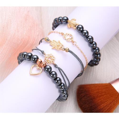 Miss JQ Vintage Turtle Fatima Charm Bracelets Set For Women Design Black Stone Beaded Lotus Bracelets Bangles Bohemian Jewelry