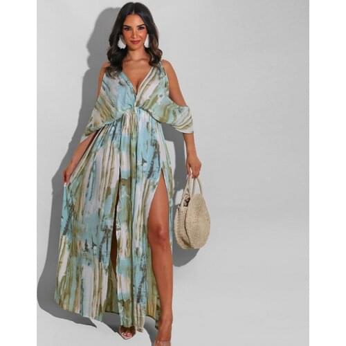 Retro Floral Print Bikini Cover-ups Sexy Long Sleeve Summer Maxi Dress Women Beach Wear Swim Suit Cover Up Swimsuit Dresses