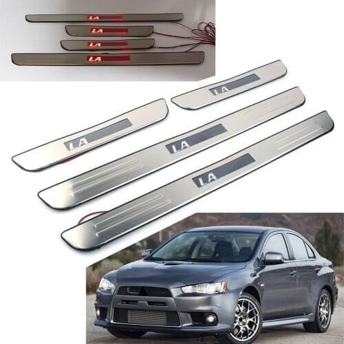4Pcs/Set Car Door Sill Plate Cover Front Rear Left Right Doors Scuff Trim Strips w/ White LED Light For Mitsubishi Lancer