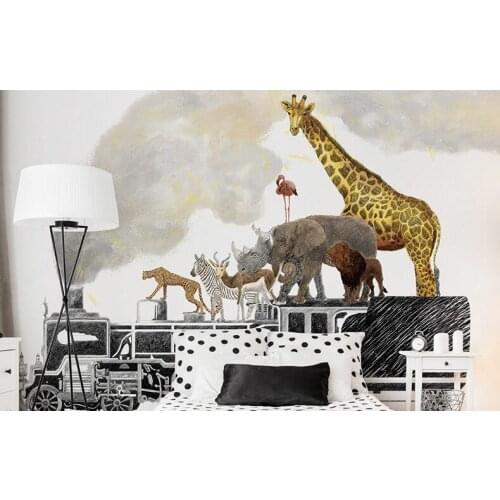 Bacaz Original Animal Family Tiger/Zebra/Deer/Giraffe on Train 3d Cartoon Wallpaper for Child Room Kindergarten Cartoon Sticker