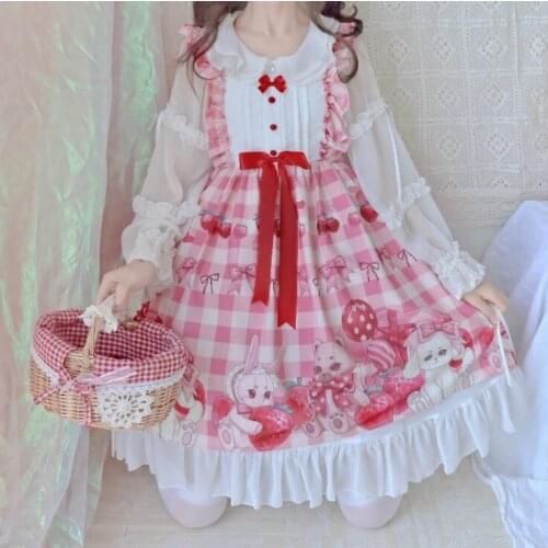 NONSAR Strawberry Dress Bear Lolita JSK Suspender Sweet Dress Cute Girl In Party Dance Cute Sleeveless