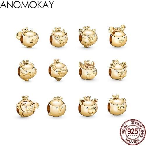 2020 New Shinny Gold Color Chinese Zodiac Signs Charms Beads 100% Sterling 925 Silver Cute Zodiac Animal Beads for Birthday Gift