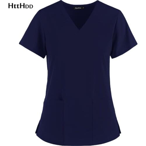 New Nurse Uniform Clinical Women Short Sleeve V-neck Solid Color Top Nursing Work Uniform T-shirt Uniform Clinicos Mujer Pocket
