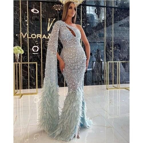 One Shoulder Beading Sequins Feather Formal Evening Dresses 2020 Hollow Front Arabic Prom Dress Party Gown коктейльные платья