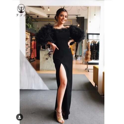 Sexy Black Off the Shoulder Feather High Slit Three Quarter Sleeve Sheath Evening Dresses