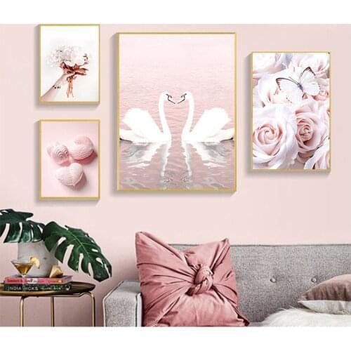 Posters And Prints Wall Pictures For Living Room Decor Pink Rose Butterfly Flower Swan Line Art Wall Art Canvas Painting Nordic