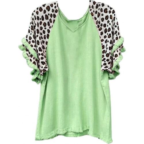 Casual Women T-shirt O Neck Printed Leopard Patchwork Short Ruffle Sleeve Blouse Top for Office