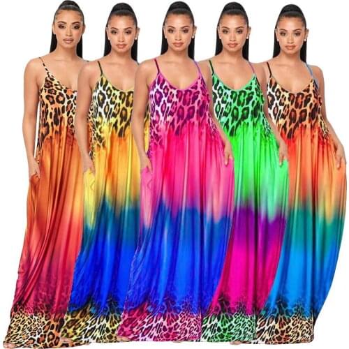European and American New Style Casual Printed Dress, Gradient Color Suspender Long Skirt, Loose Skirt