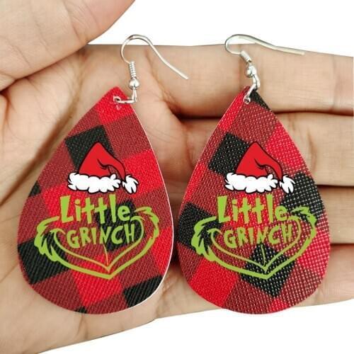Christmas Little Mama Papa Grinch Santa Earrings Black Red Buffalo Plaid Pattern Leaf Faux Leather