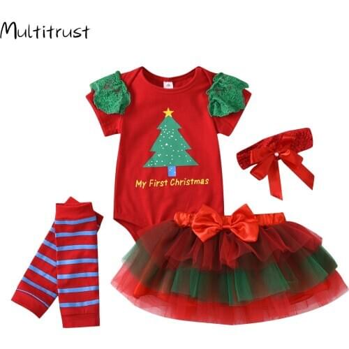 Christmas Baby Girl Infant 4pcs Clothing Sets Suit Princess Tutu Skirt Romper Xmas Party Birthday Costumes Newborn Girl Sets