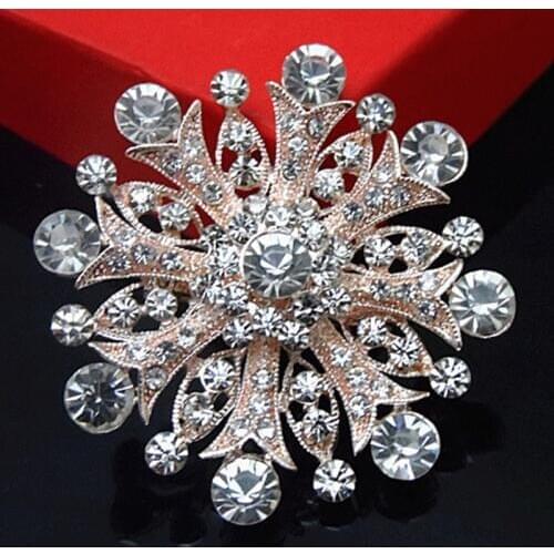 Retail Hot Sale Cheap Crystal Flower Brooch Fancy Rose Gold Color Bridesmaid Dress Big Snowflake Brooch Pins Retail Brooch