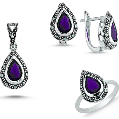 Silver 925 Sterling Marcasite Pendant Earring & Ring Set