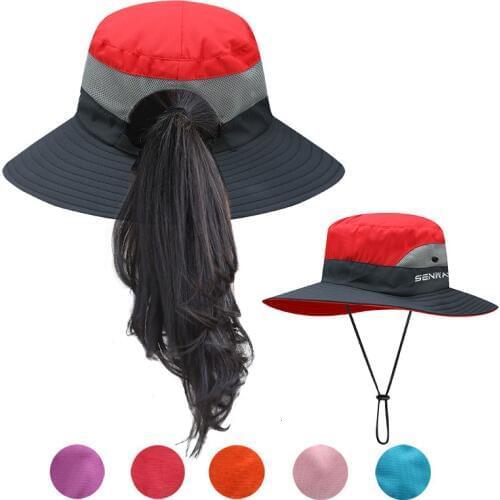 UPF50+ Lightweight Sun Hat Women Ponytail Bucket Hat Summer Fishing Hiking Cap UV Protection Flap Breathable Beach Hat Outdoor