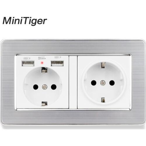 Minitiger 2 Gang Russia Spain EU Standard Wall Socket With 2 USB Charge Port Hidden Soft LED Stainless Steel Brushed Panel