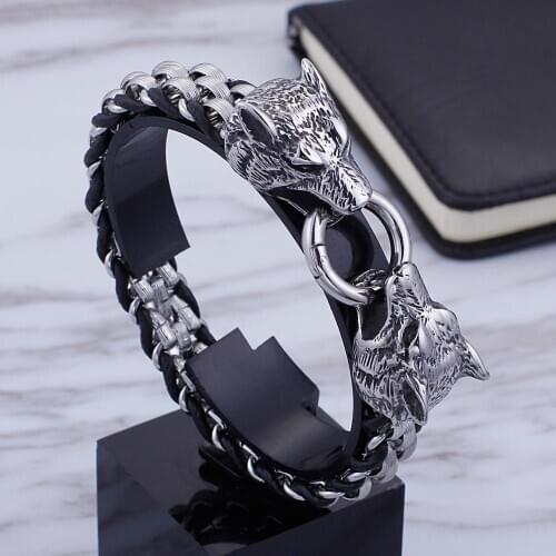 Viking Teen Wolf Head Charm Stainless Steel Buckle Clasp Genuine Leather Braided Punk Men Bracelet New Gothic Fashion Jewelry