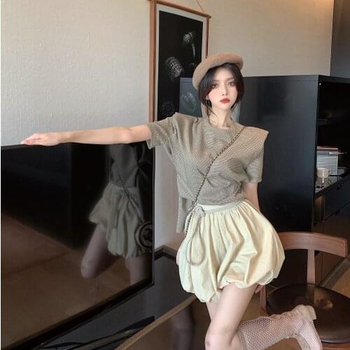 Two Piece Set Women 2021 Summer New Vintage Plaid Short Sleeve Blouse Casual T-Shirt+High Waist Flower Bud Culottes Shorts Set