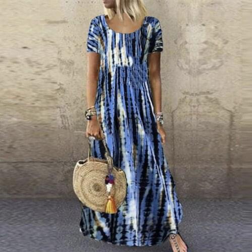 Summer New Womens 2021 Round Neck Short Sleeve Tie Dye Printed Long Dress Loose Casual Elegant Plus Size Dresses Woman Vestidos